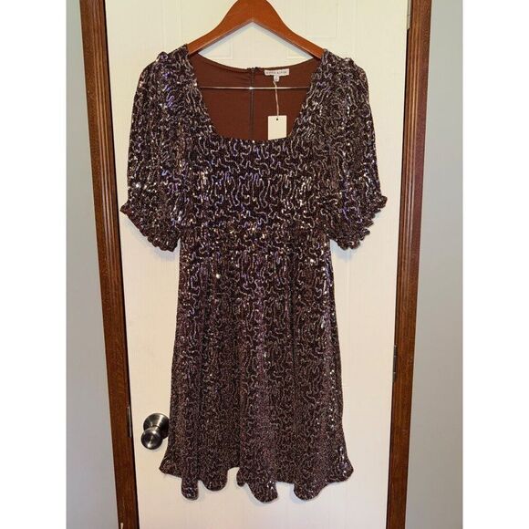 NWT Anthropologie Moon River Brown and Silver Sequin Dress Sz Small - Picture 2 of 13